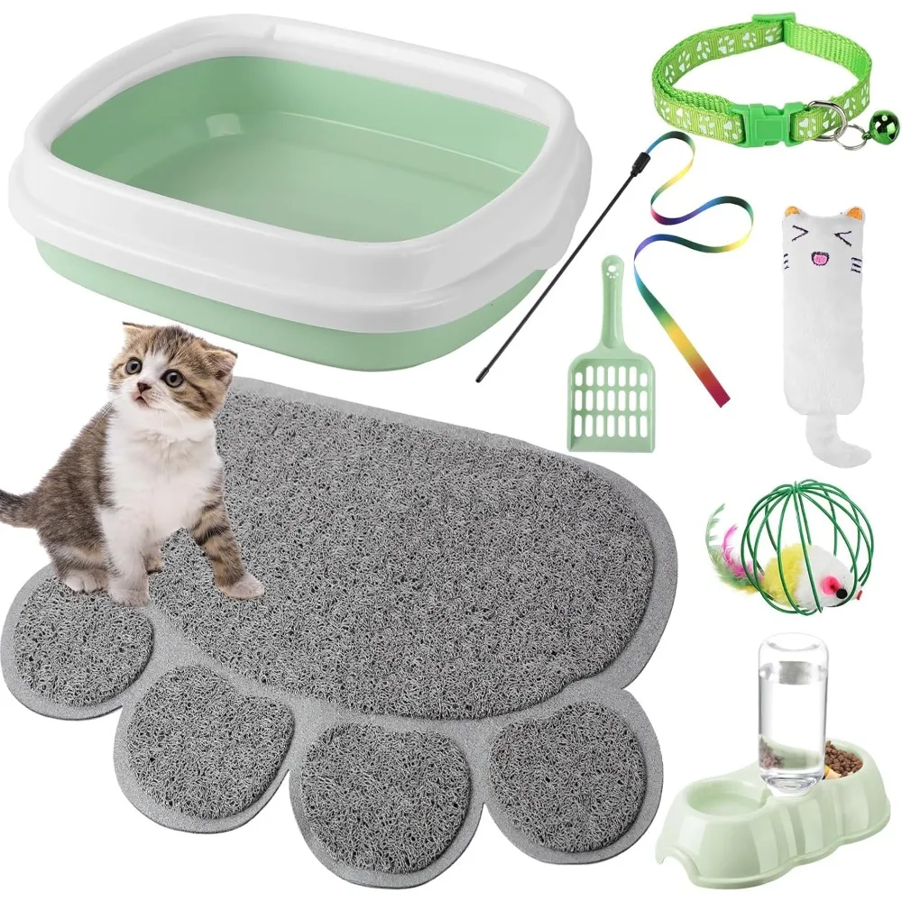 

7 Pcs Small Cat Kitten Starter Kit Cat Litter Box with Shovel Cat Paw Litter Mat Double Automatic Bowls Toy Teaser