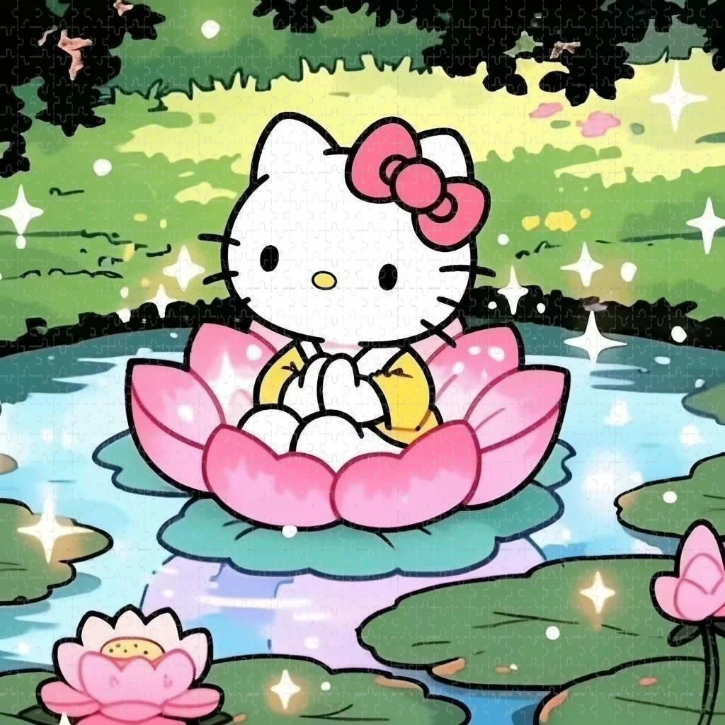 Large Jigsaw Puzzle 500/1000 Pieces Hello Kitty Lotus Pond Puzzles Adult Present Portable Box for Family Games Educational Toys
