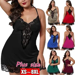 Plus Size Women Nightgown Lace Sleepdress Perspective Sleepwear Deep-V Mini Nightdress Sexy Lingerie for Women