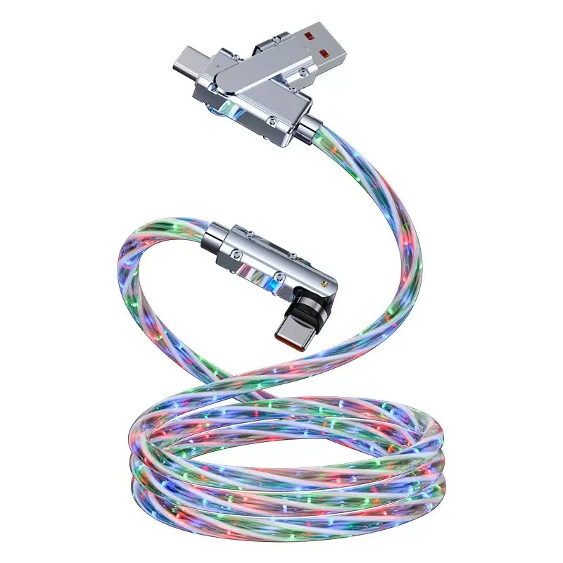 2 in 1 Type C Cable 3A 540 Degree Colorful LED Light Up Charging Cord USB A/C to USB-C PD 66W Shining Fast Phone Charger Cable