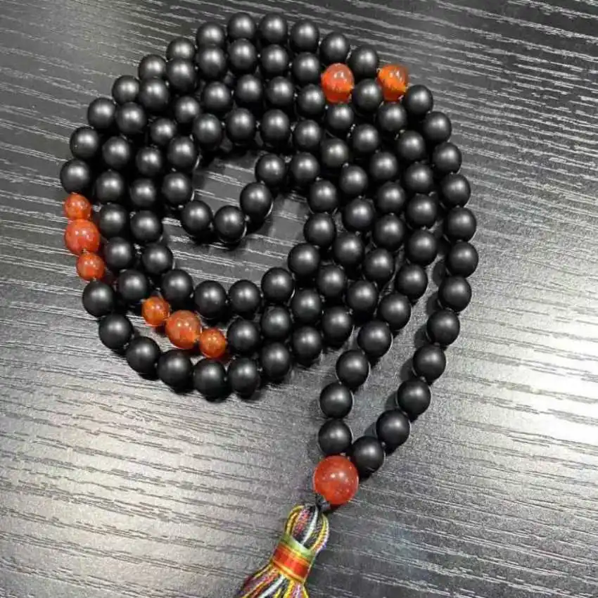 

8mm 108 frosted black Agate beads carnelian knot necklace Stone Choker Lariat Chakra Unisex Prayer Bohemian Opera length Mala