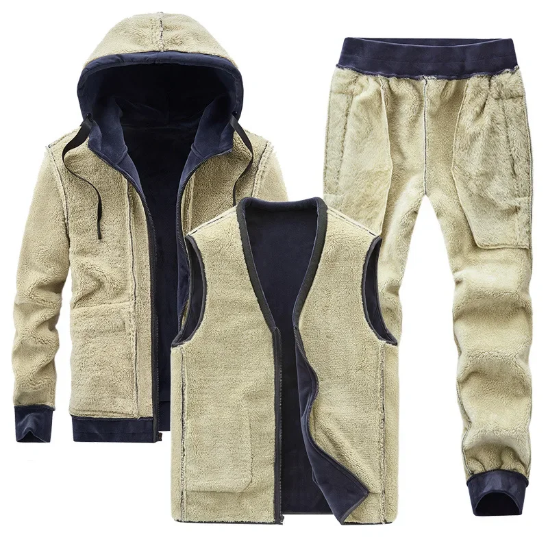 Men Winter Plus Velvet Thick Tracksuits Men's Lamb Cashmere Hoodies+vests+pants Three-pieces Sets Men Warm Casual Lamb Wool Sets image 6