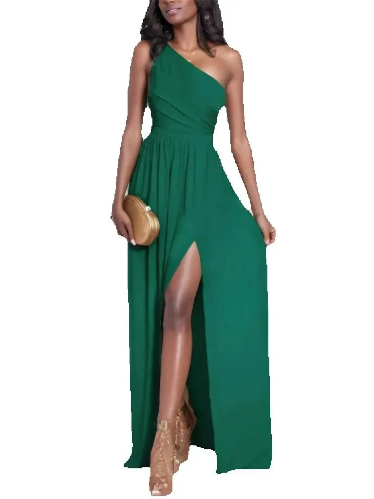 

Elegant Simple Solid Color One Shoulder Split Long Formal Evening Dress