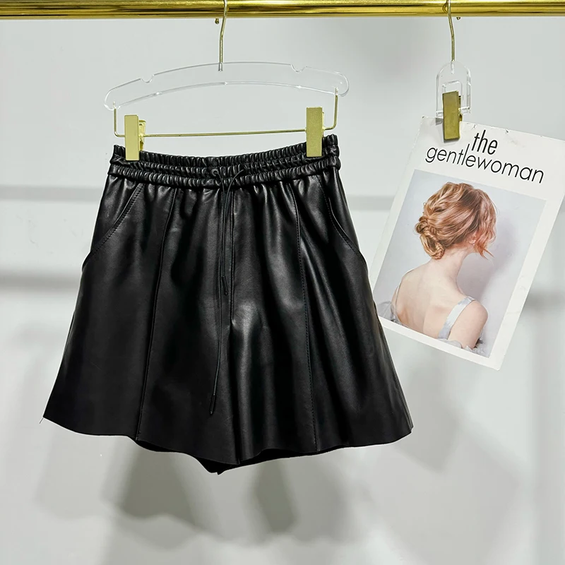 Women's Shorts Spring Autumn Plant Tanned Sheepskin Elastic Waist Drawstring Slim A-Line Wide Leg Leather Short Pants Female
