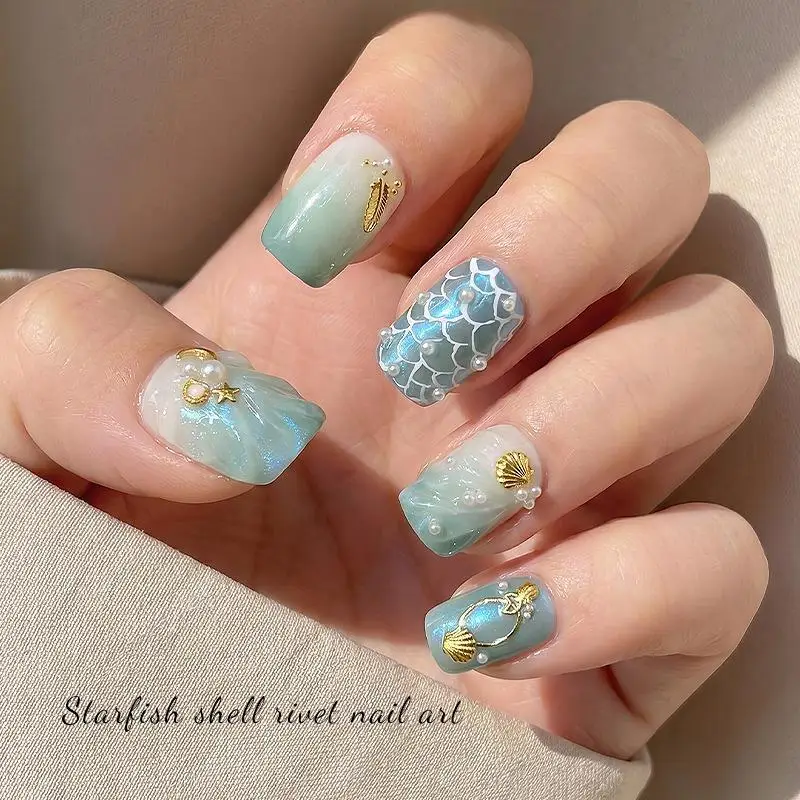 Seahorse Shell Design Nail Charms 3D Mini Pure Gold 500Pcs Copper Slices for Professional Nail Art Salon Use