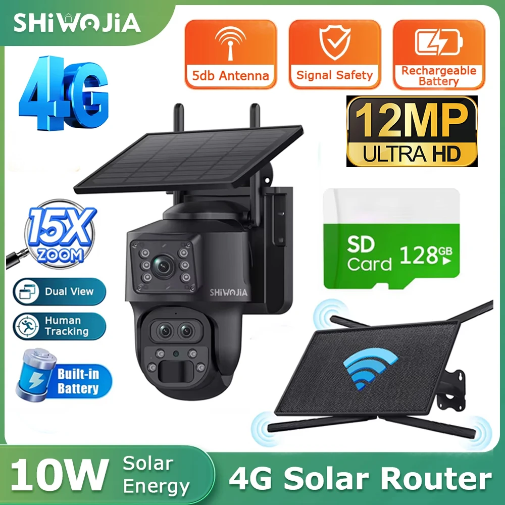 SHIWOJIA 12MP WIFI Solar Camera with 10W 4G Solar Router Wireless 360 Surveillance IP PTZ Camera Human Tracking CCTV Video UBOX