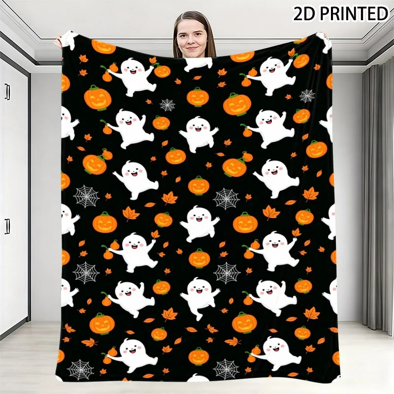 Playful Halloween & Pumpkin Print Throw Blanket - Festive Black Background with Smiling Characters, Autumn Leaves & Spider Webs,