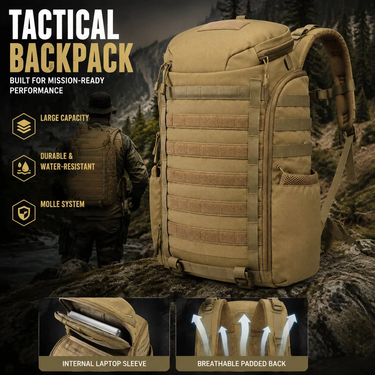 Tactical Military Backpack Large Capacity Outdoor Hiking Travel Bag MOLLE Assault Pack for Camping Riding Trekking Gear