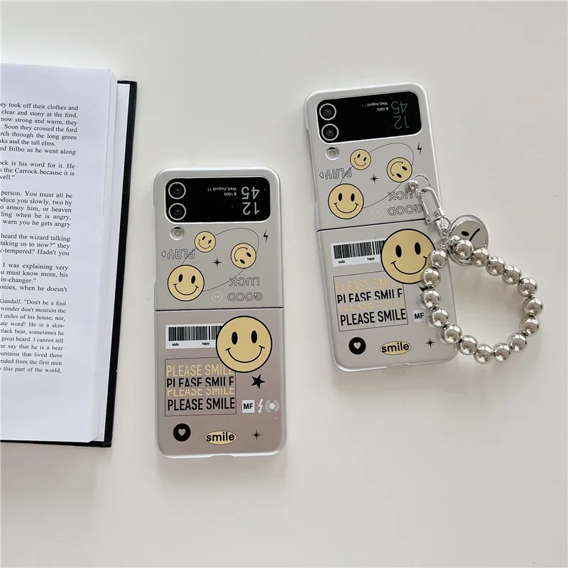 Silver Matte Happy Face Phone Case for Samsung Galaxy Z Flip6 4 3 Hard Cover for ZFlip3 Zflip4 Zflip5 Solid Shell Bracket