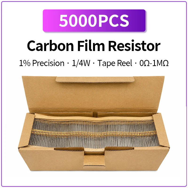 5000PCS 1/4W 0.25W Carbon Film Resistor Tape Reel 0Ω-1MΩ Fixed Through Hole Resistor Electronic Component