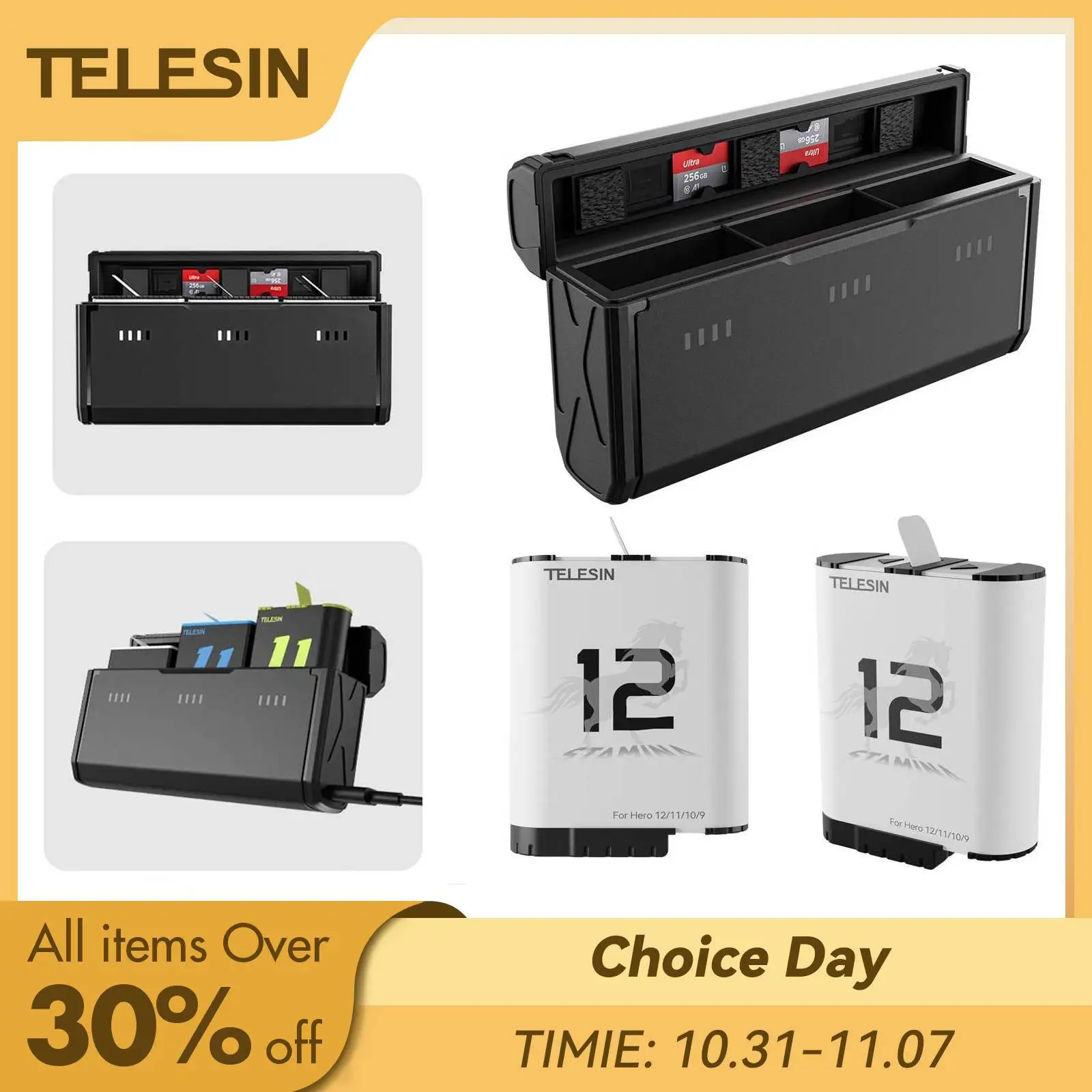 TELESIN Endurence Battery For GoPro Hero 12 11 10 9 1750 mAh Battery 3 Slots TF Card Battery Storage Charger Box For Gopro 12