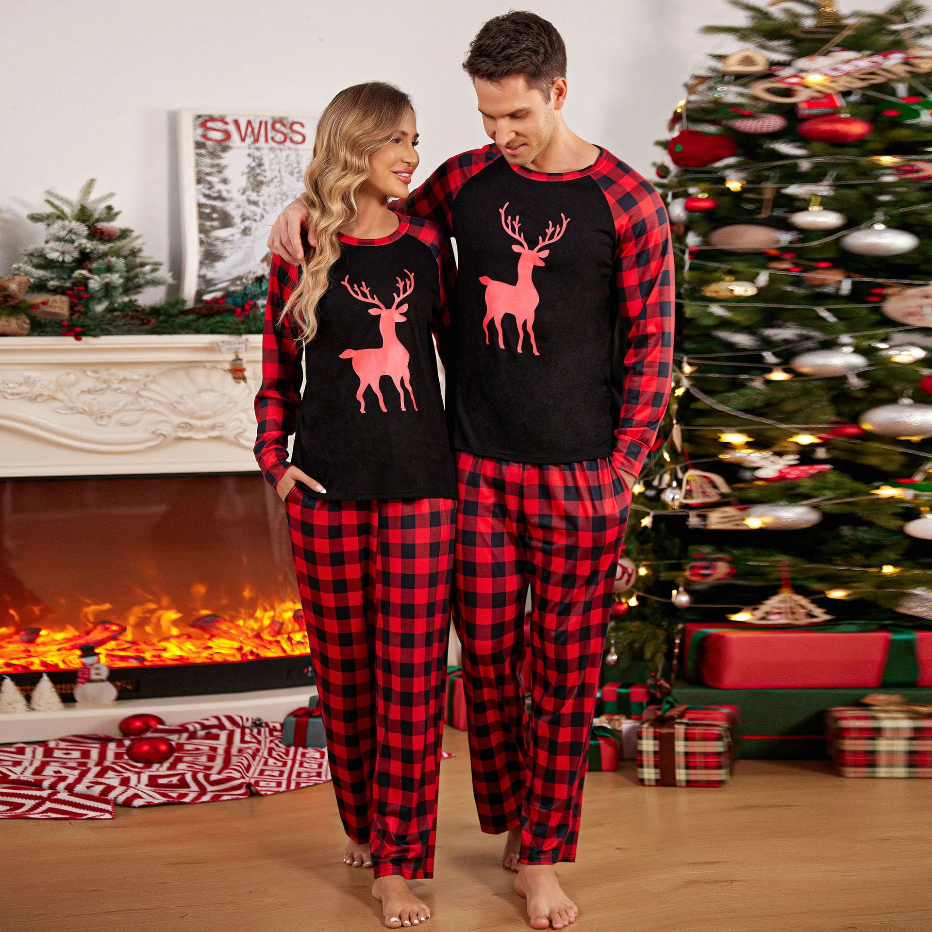 

Fashion Elk Print Plaid Pants Sets Unisex Home Clothing Christmas Banquet Long Sleeve Trousers Two Piece Set Christmas Outfits