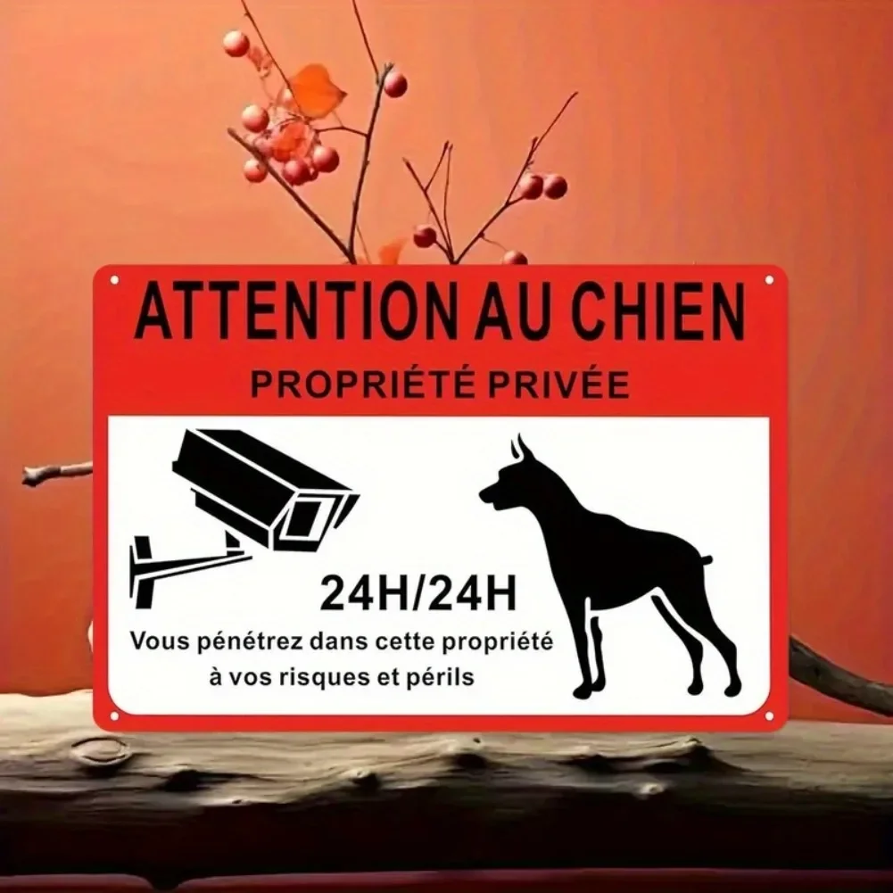Letrero Metálico Vintage Francés "Atención al Perro: Cuidado con el Perro, Vigilancia 24H CCTV", Propiedad Privada, Placa de Advertencia para Pared Exterior