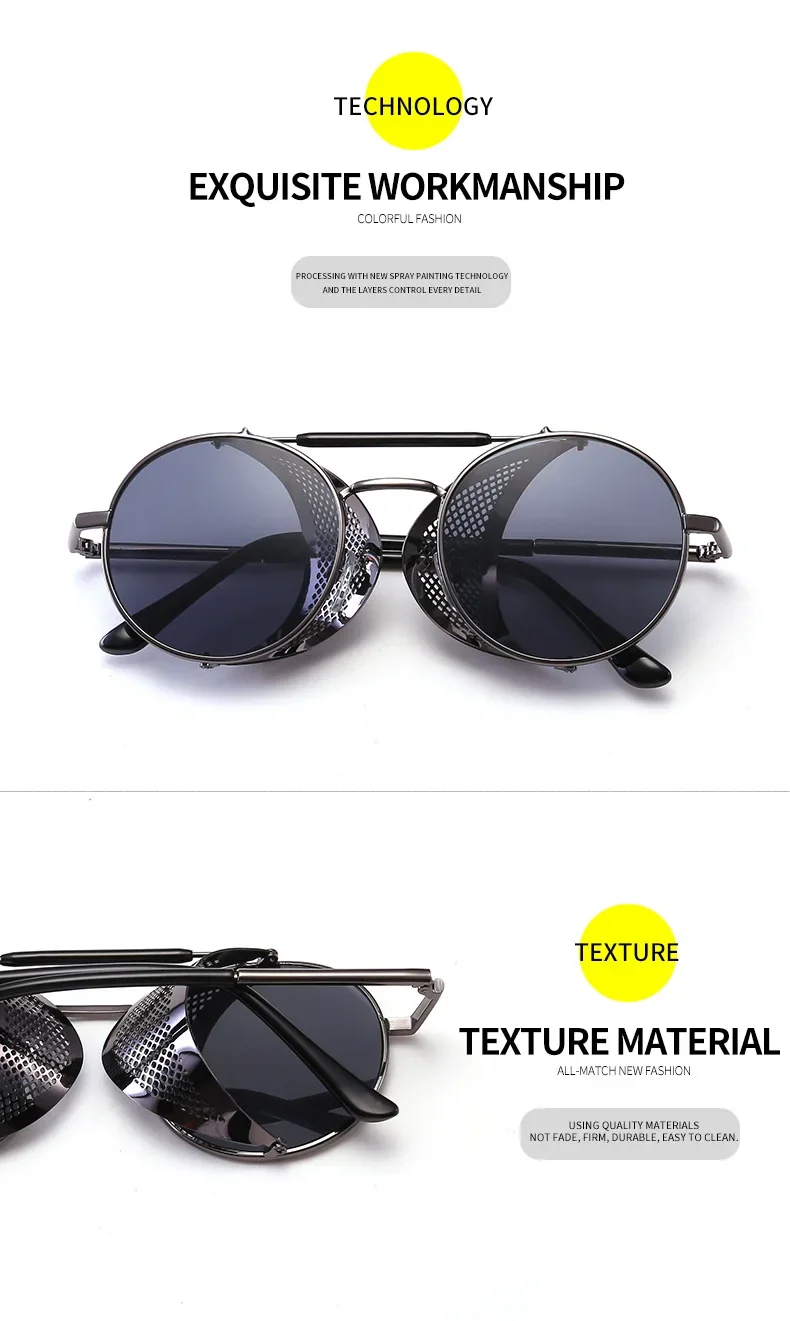 Retro runde Metall Sonnenbrille Steampunk Männer Frauen Trend Marke Designer Vintage Sonnenbrille Oculos de Sol Shades UV-Schutz – Detail 13