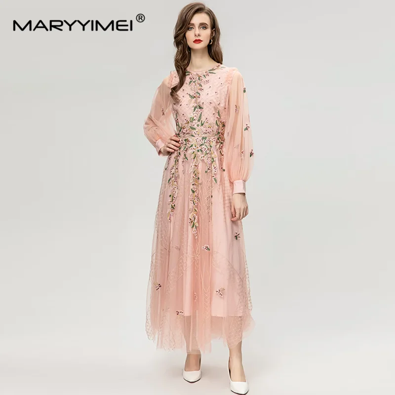 

MARYYIMEI Summer Women's Ball Gown Dress Mesh Embroidery Lantern Sleeved High Waiste New Fashion Big Swing Dresses