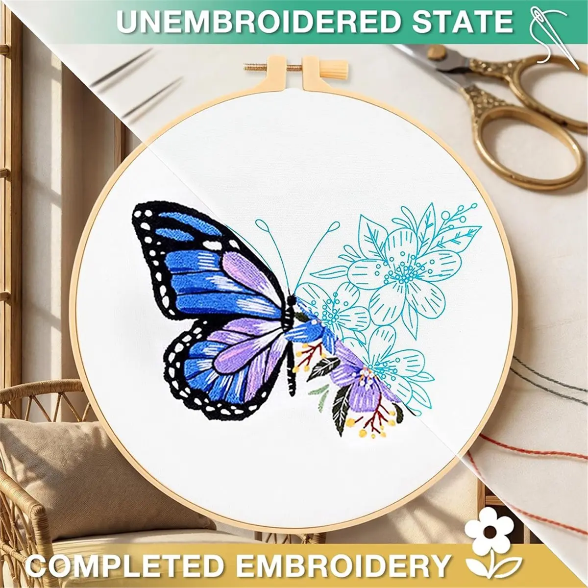 Embroidery Kit for Beginners: Complete Set with Patterns, Hoops, Scissors, and More