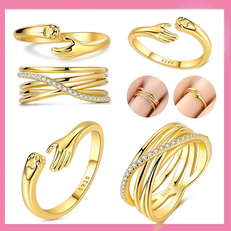 

925 Sterling Silver Original Golden Embrace Love Pet Rings Women's Anniversary Gift Engagement Rings for Women Mens Jewelry