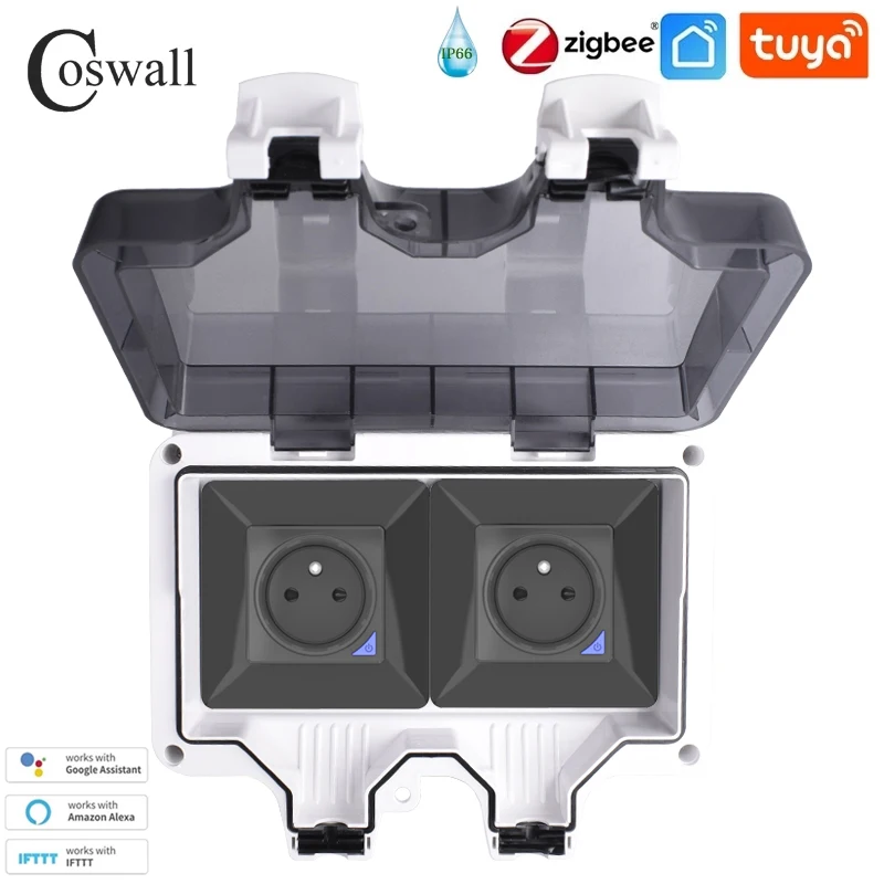 Coswall Tuya Zigbee / WIFI IP66 Waterdicht EU FR UK Universele stopcontacttijdschakelaar Programmeerbaar met stroombewakingsfunctie