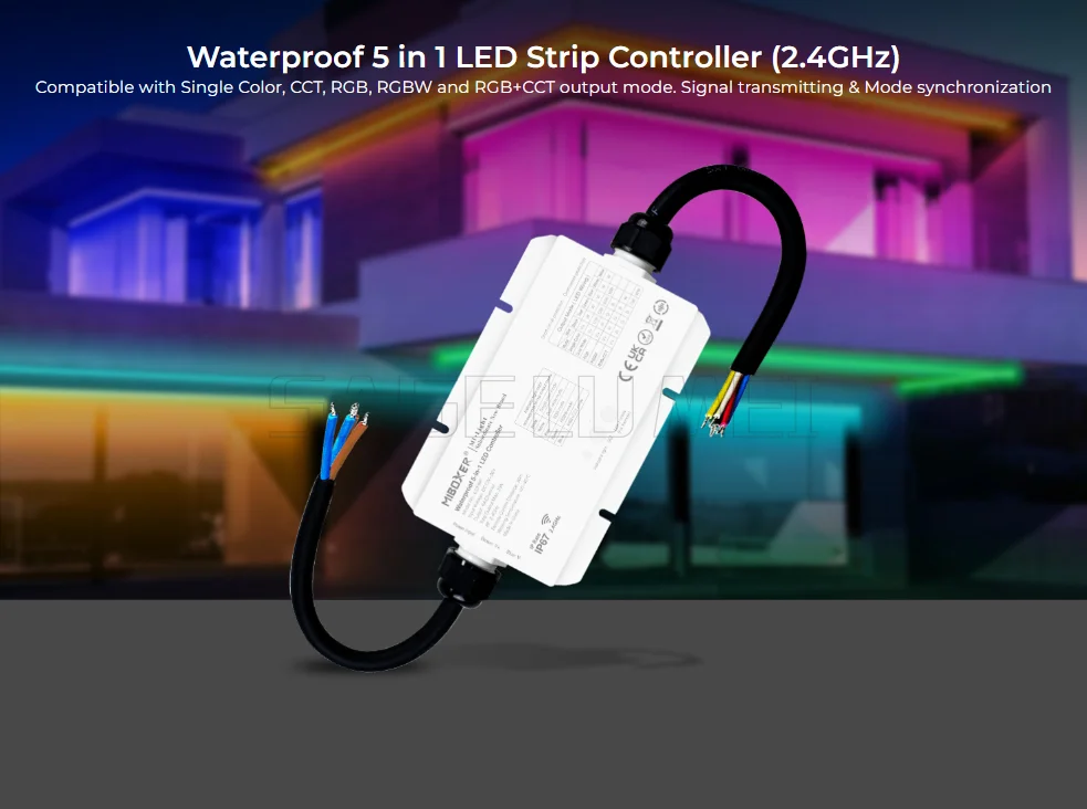 MiBoxer LS2 DC12V-48V 2,4 GHz 5in1 Smart LED Helderheid verstelbare Controller voor Enkele Kleur/CCT/RGB/RGBW/RGB + CCT LS2-WP IP67