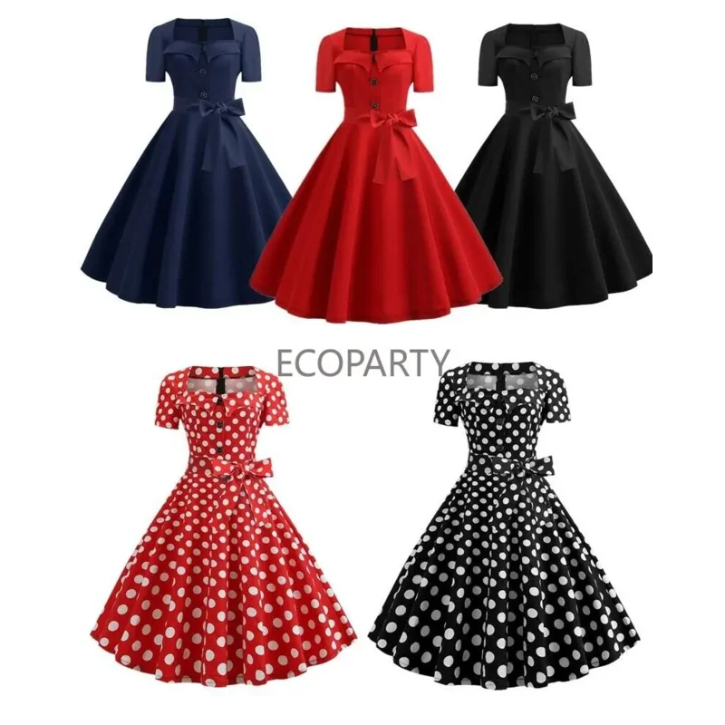 2023 Vintage 50s 60s Women's Vintage Party Dress with Belt Polka Dot Short Sleeve Hepburn Robe Pin Up Elegant Mini Dresses OI519