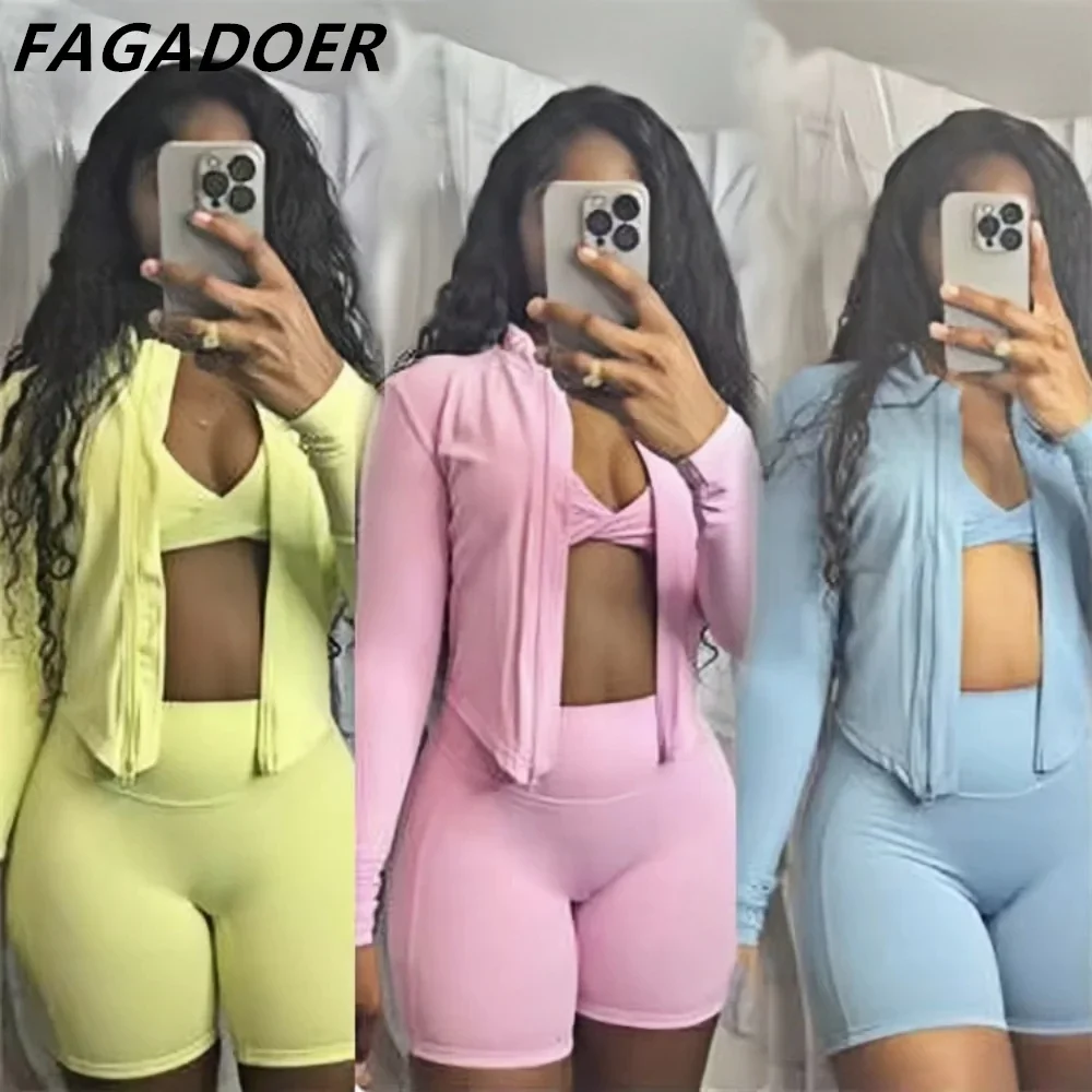 FAGADOER Candy Color Sporty 3pcs Sets Outfits Quality Stretchy Tracksuit Female Workout Street Wear Vest+Coat+Biker Shorts Suits