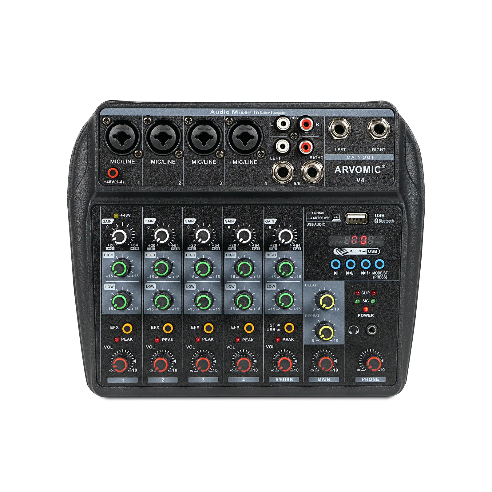 6 Channel Audio Mixer (V4) with USB & Bluetooth Function, Delay & Effect, 2-Band EQ, Ideal for Home Recording and Karaoke