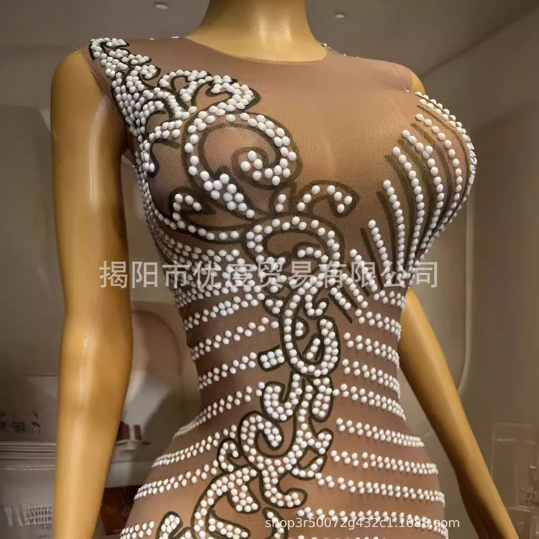 Niche Bright Flashing White Beads Glam Perspective Temperament Dress Cocktail Party Night Performance Short Skirt Green Brown