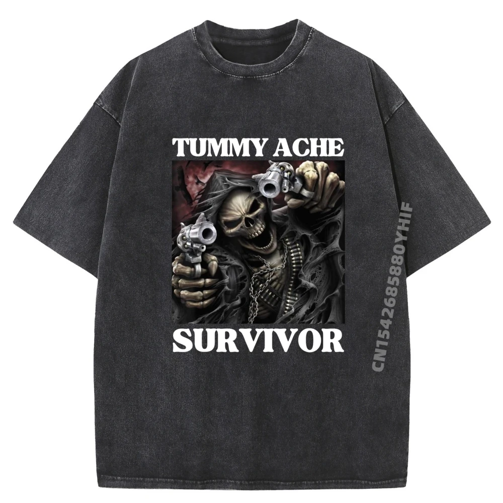 

Tummy Ache Survivor Funny Cool Fashion Washed T-shirts Women Hip Hop Female Tops Graphic Tees Mens Summer Tops