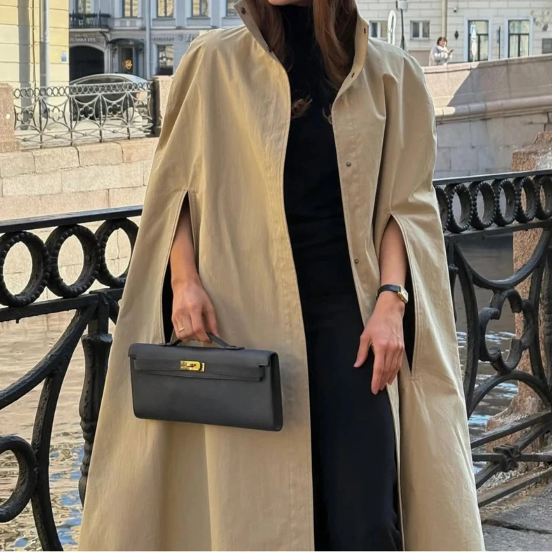 

2025 Spring and Autumn High Collar Cloak Khaki Windbreaker Women's Light Luxury Texture Show Thin Temperament Commuter Coat