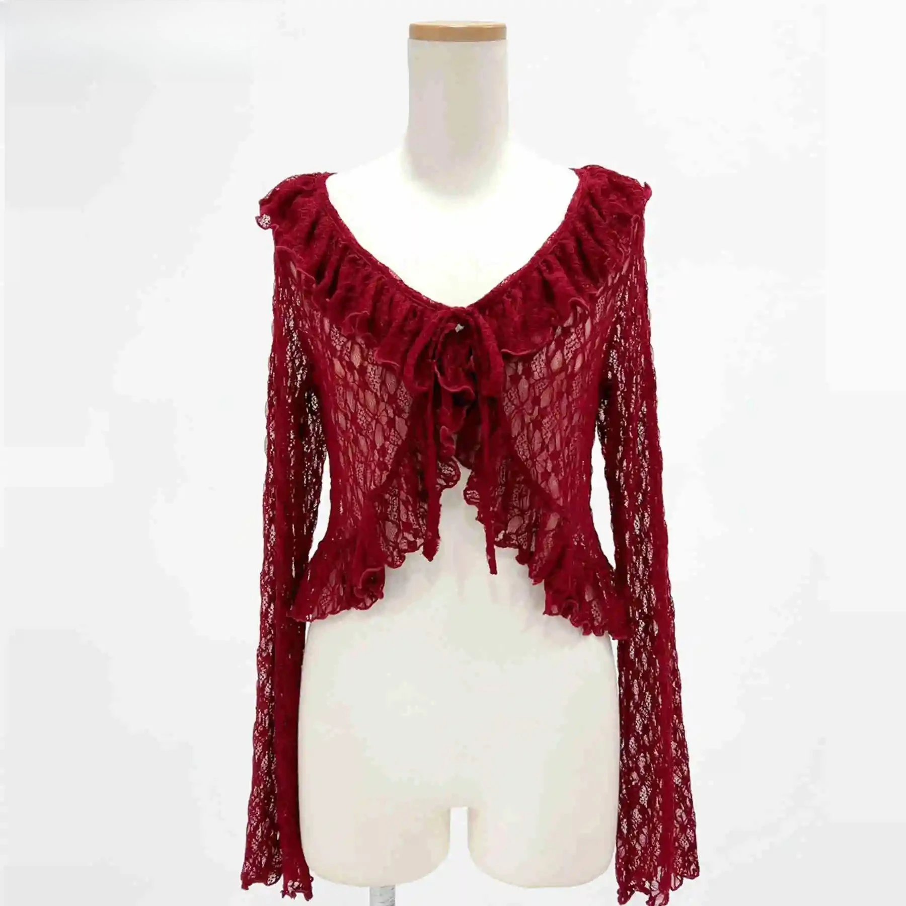 

Summer New Japanese Solid Color Lace-up Hollow Out Cardigan Versatile Short Shawl Lace Shirt Cute Sweet Girls Fungus Edge