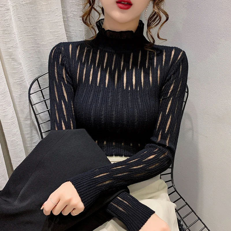 

Knitwear Women's Pullover Thickened Warm Autumn Winter New Solid Color Hollow Lace Half Turtleneck Slim Elastic Bottoming Shirt