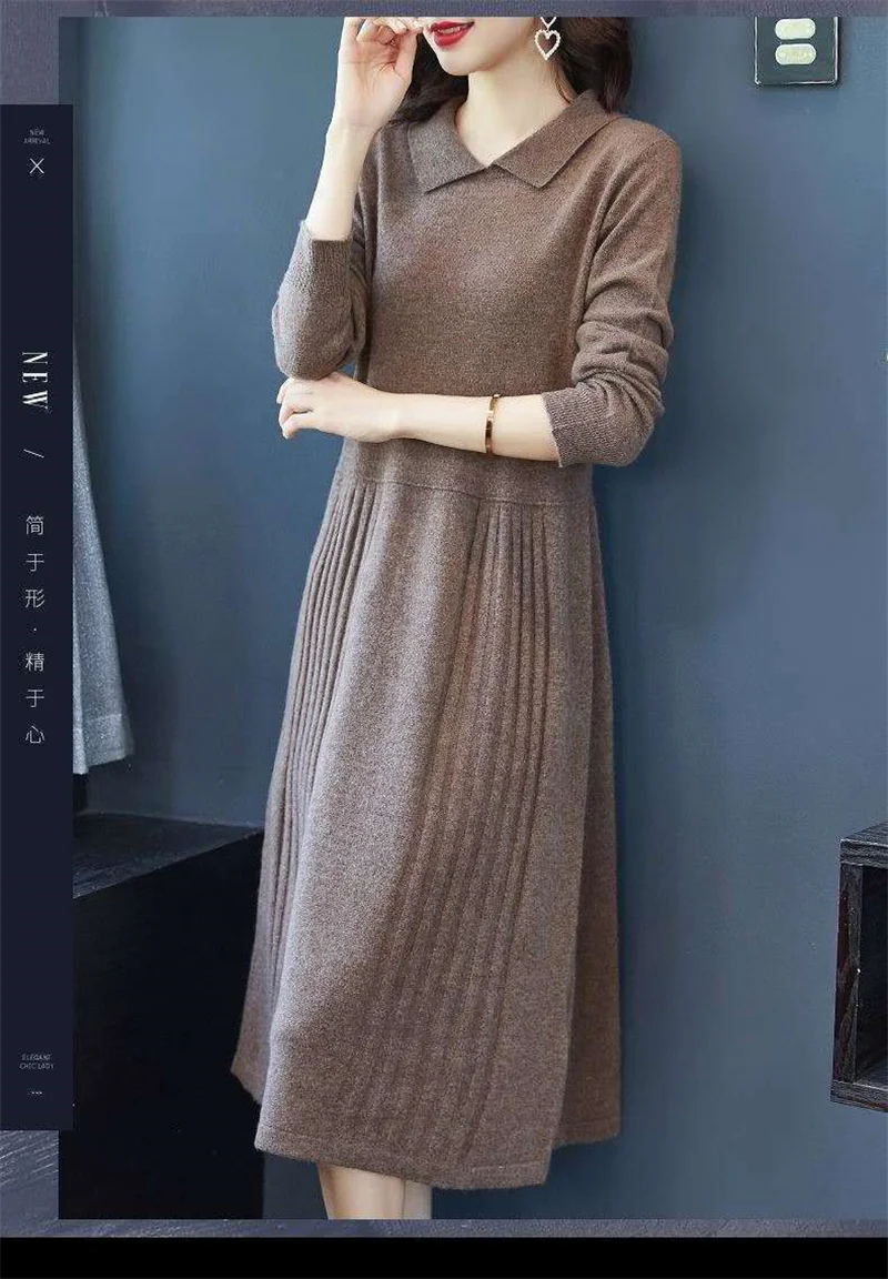 Large size Women's Fat mm Knitted Dress For Autumn and Winter 2024 New Loose and Slimming Mid Length long sleeved dress