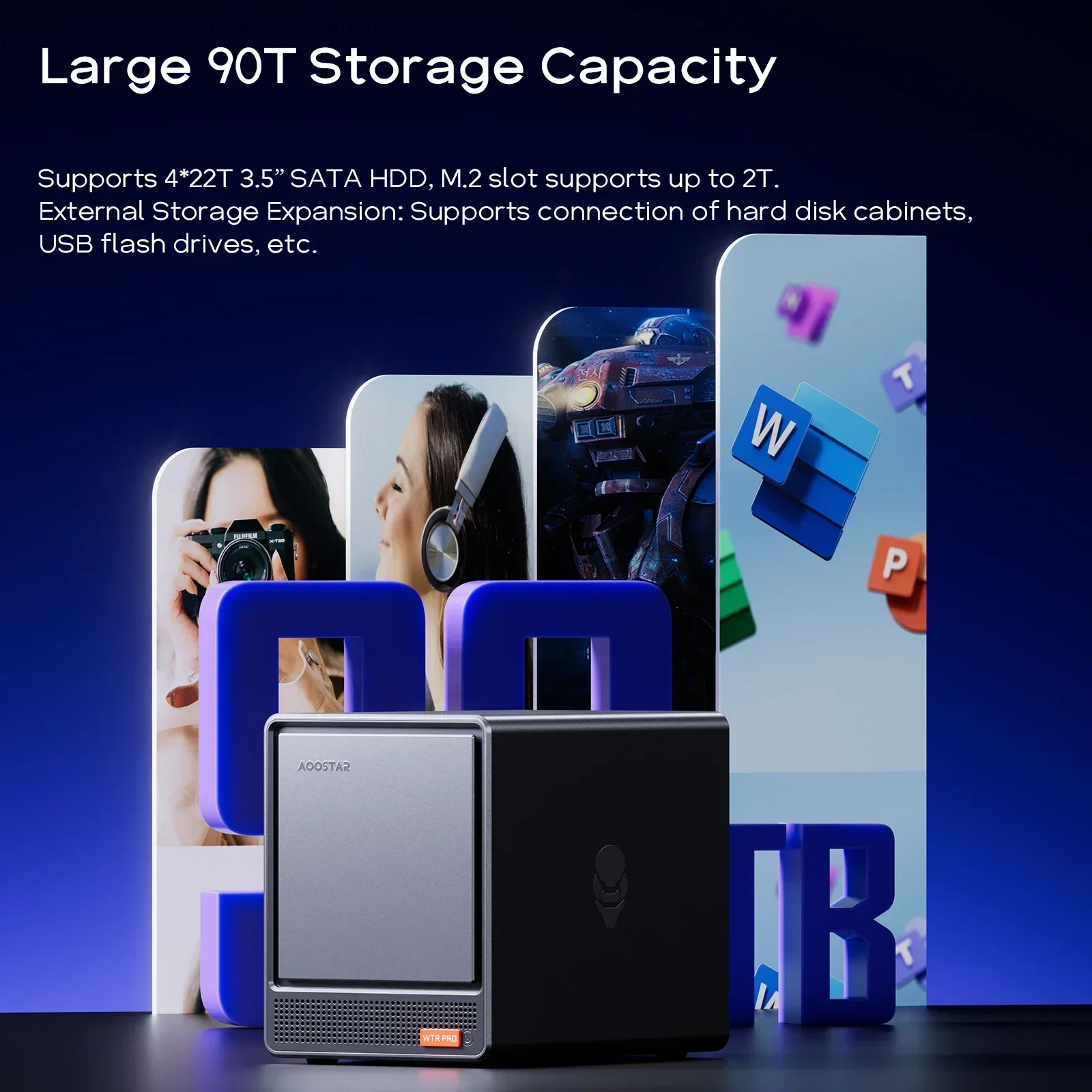 AOOSTAR WTR PRO AMD Ryzen 7 5825U Mini PC/NAS 8C/16T Dual 2.5G LAN 4 HDD Bays 4K تخزين كبير شاشة ثلاثية تبريد صامت