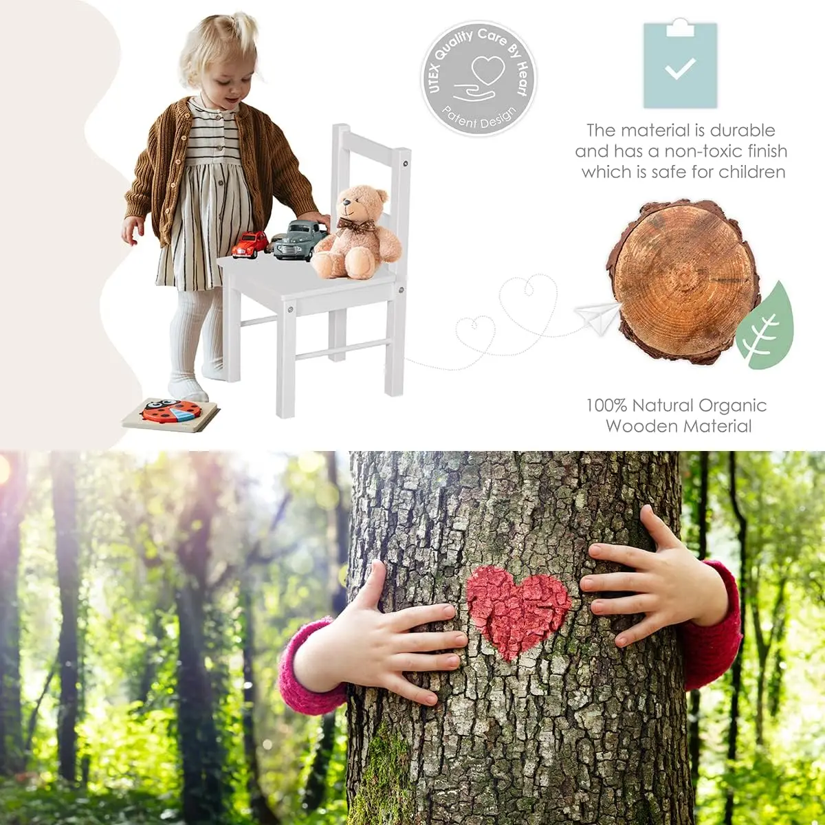 어린이용 나무 의자 2개 세트, 흰색, 놀이방 또는 활동용, 3-8세