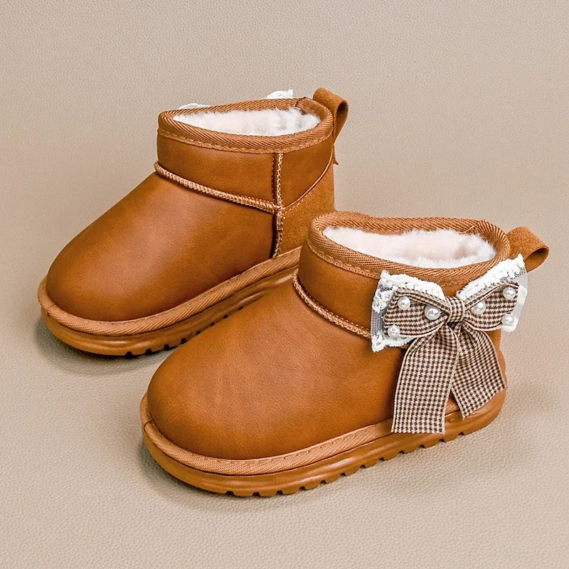 

Outdoor Kids Ankle Boots Winter Sweet Bowknot Children's Warm Plush Boots Princess Fashion Non-slip Girls Short Snow Boots Soft