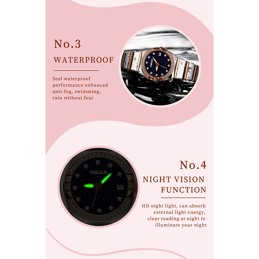 yashidun relógios femininos de luxo marca diamante relógio luminoso à prova dwaterproof água aço inoxidável quartzo mulher relógio elegante rosa ouro