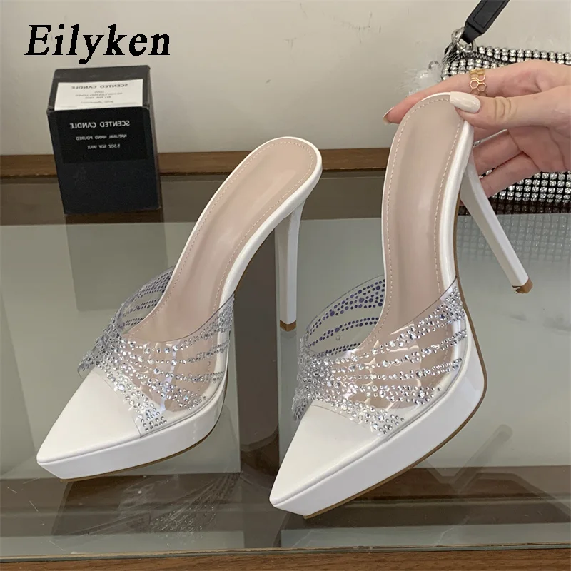 Eilyken Sexy Thin High Heels Banquet Prom Women Slippers Street Style Crystal PVC Transparent Pointed Toe Slide Shoes