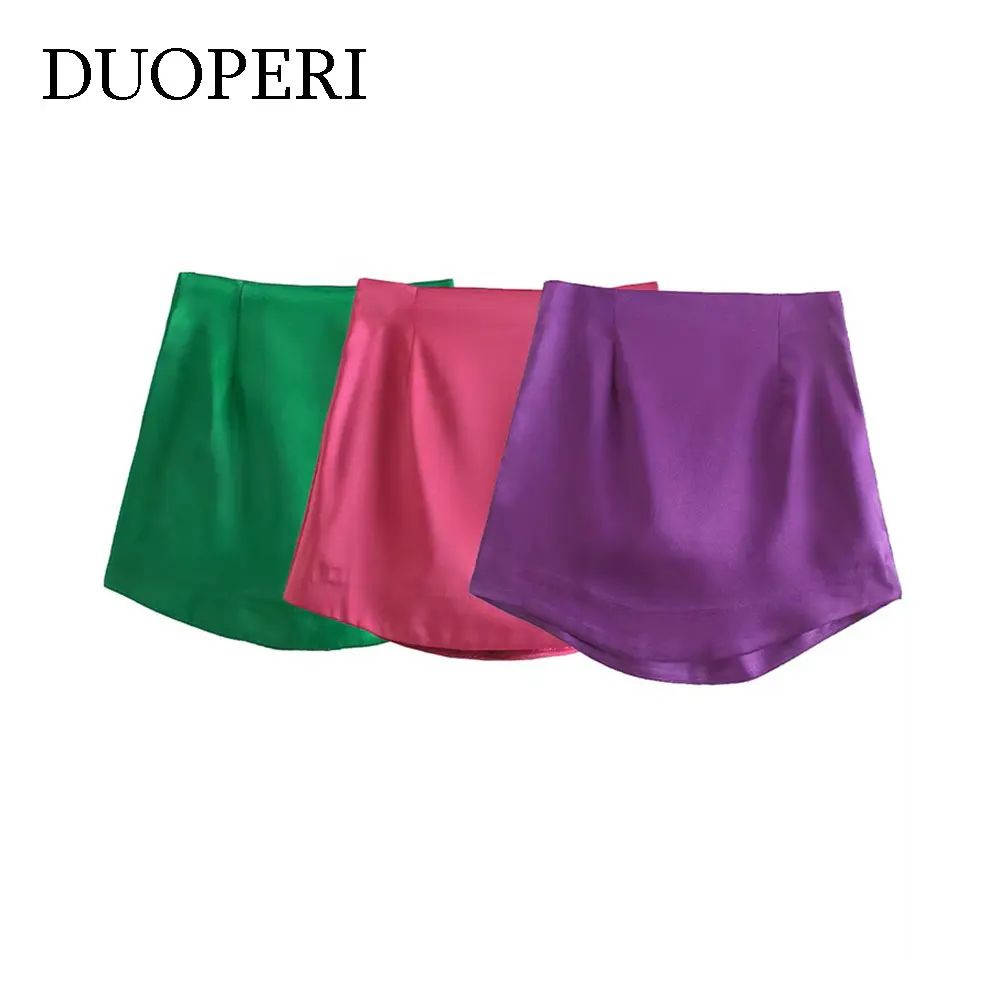 

DUOPERI Women Fashion Solid Satin Mini Skirt High-waist Side Zipper Skort Chic Lady Short skirts