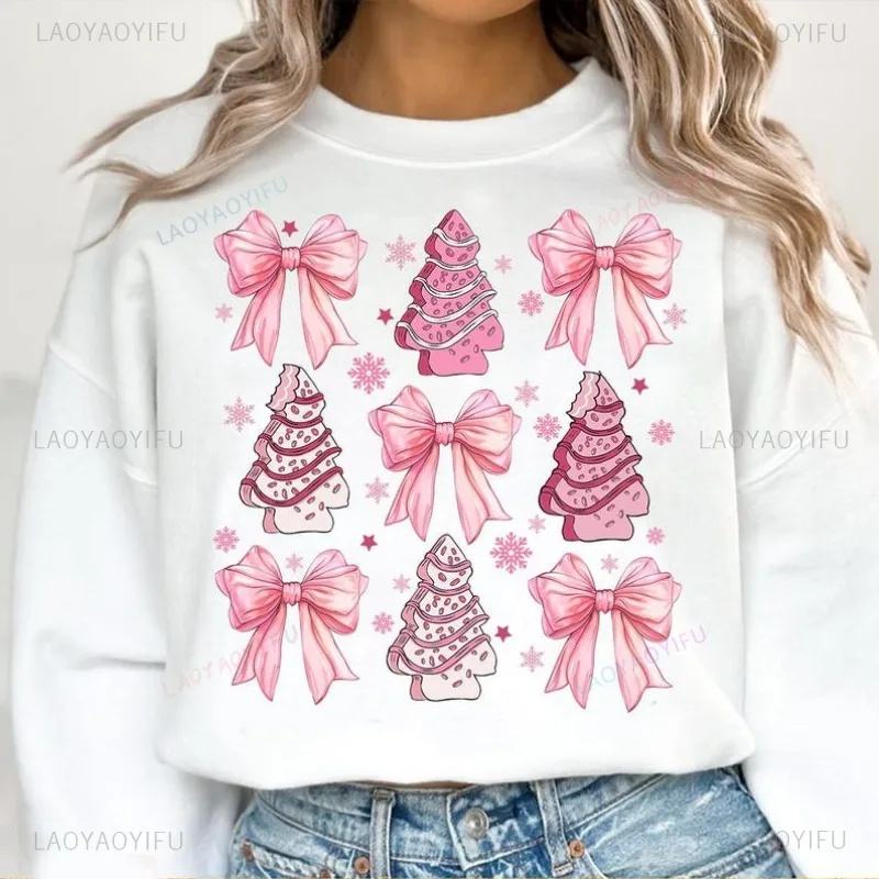 Funny Coquette Pink Christmas Graphic Sweatshirt Pink Christmas Tree Bow Harajuku Vintage Christmas Women Crew Neck Pullovers