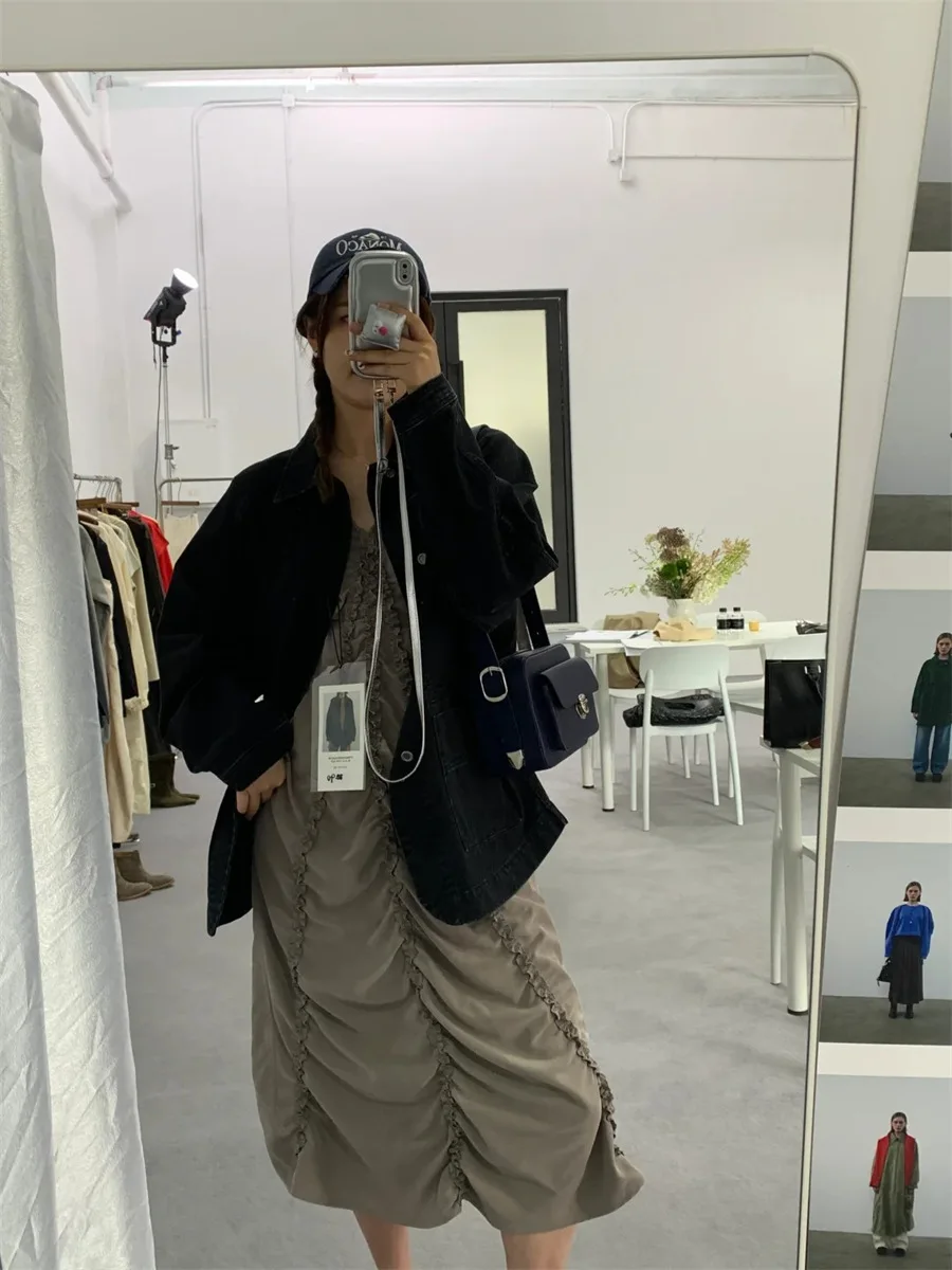 ゆったりとした女性用デニムジャケット、2025年春、ヴィンテージ風、通勤用、シングルピース、ロング丈、襟付き、ボタン留め