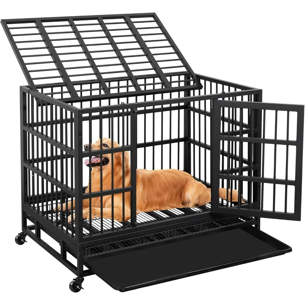 

Heavy Duty Indestructible Dog Crate, Escape Proof Dog Cage Kennel with Lockable Wheels,High Anxiety Double Door Dog Crate