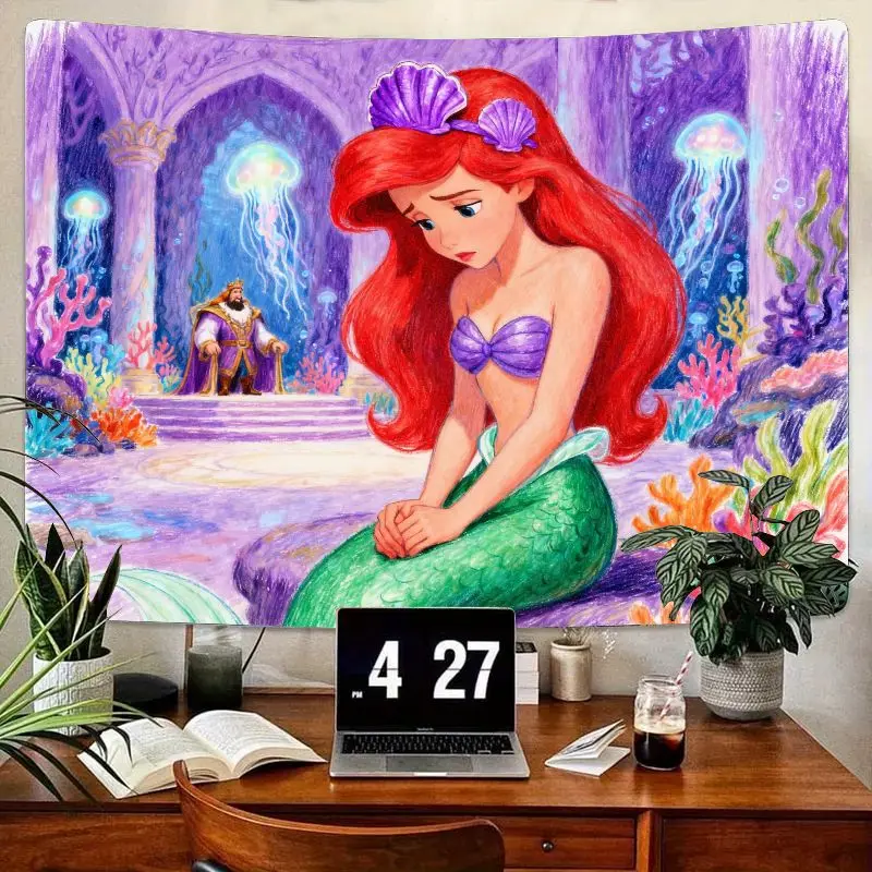 

1 шт. гобелен Disney «Русалочка Ариэль», фиолетовый фэнтезийный океан, настенное искусство, полиэстеровый декор комнаты принцессы для девочек, детей и вееров