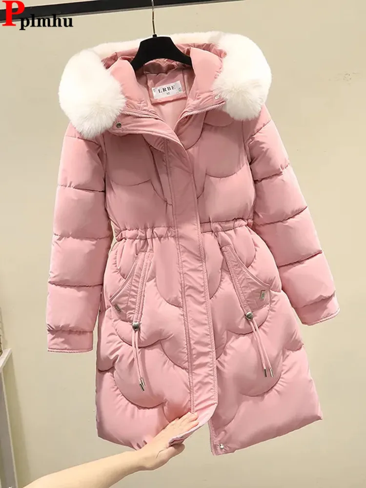 Warm Winter Faux Fur Collar Pink Long Parka Chaqueta Thick Windproof Parca Overcoat Casual Snow Wear Diamond Plaid Women Jaqueta