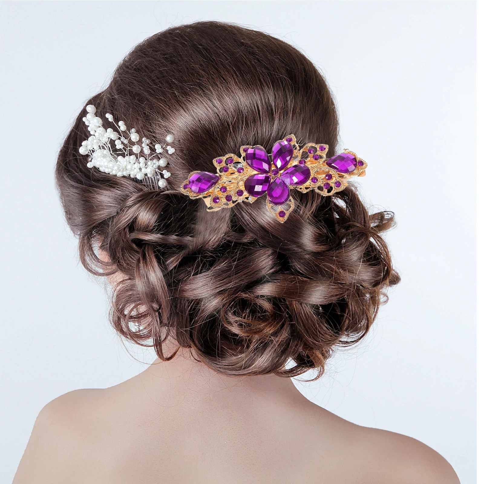 

3pcs Hair Clips Rhinestone Barrettes Women Flower Hair Clip Lightweight Shiny Strong Hold Purple Blue Pink