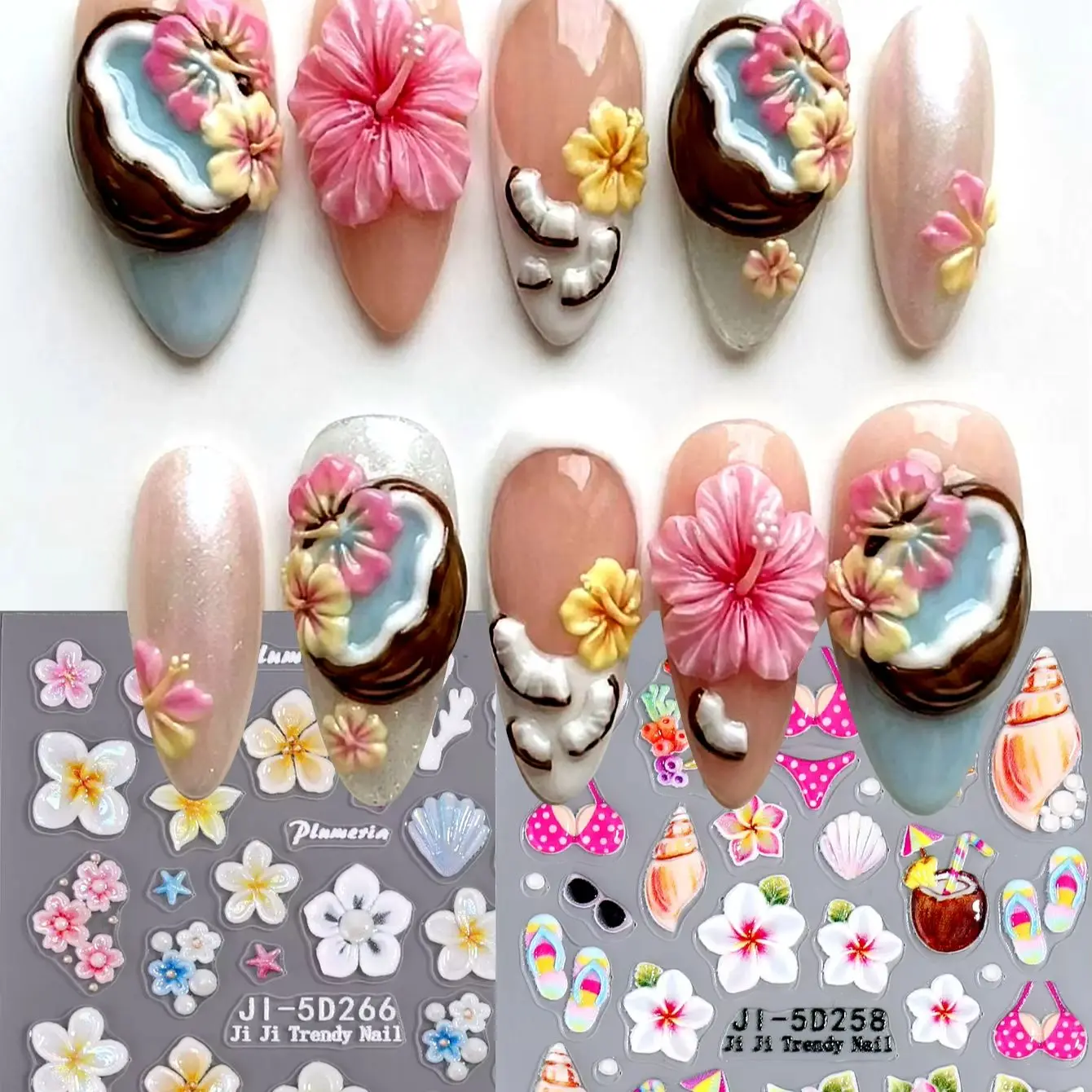 5D Embossed Ocean Summer Hibiscus Flowers Sticker for Nails Art Floral Decals Starfish Sea Shell Jellyfish Tropical Nail Sticker