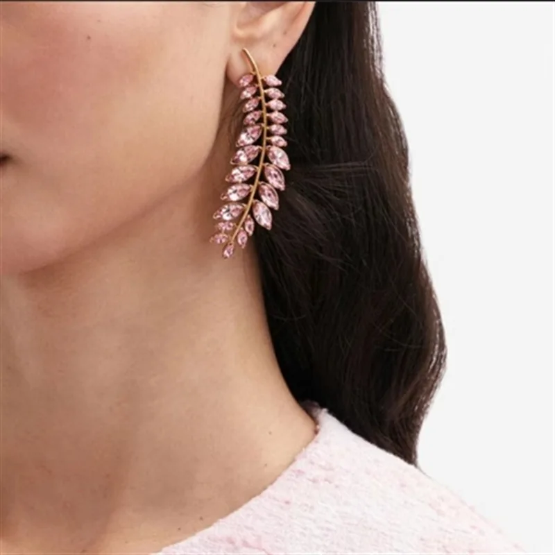 Os Vintage Leaf Feather Crystal Long Drop Stud Earrings, Unique Fashion Statement Ear Jewelry Gift for Women