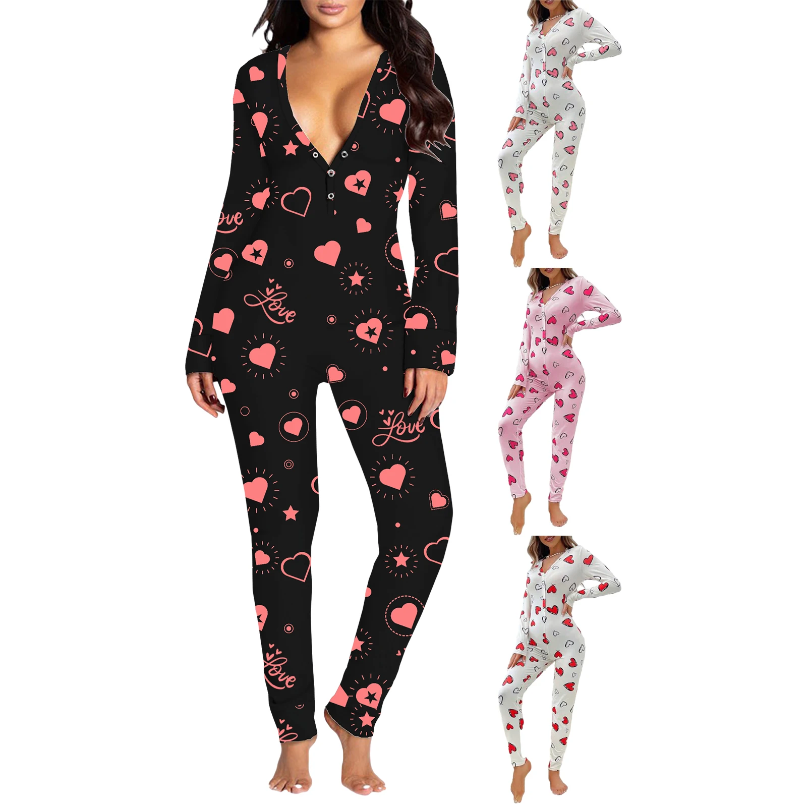 Women\'s Bodycon Pajamas Bodysuit Valentine\'s Day Heart Print Long Sleeve V-Neck Front Button Down Jumpsuit Loungewear Sleepwear