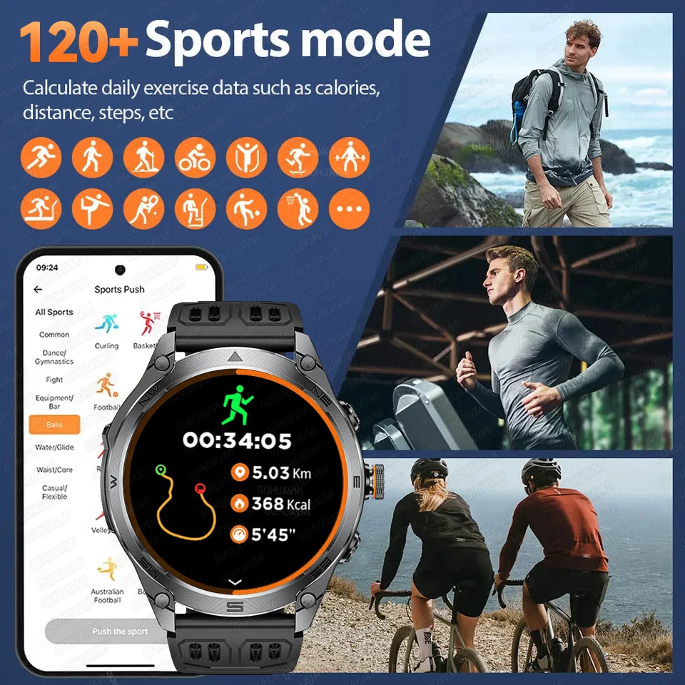 New Outdoor Sports GPS Compass Barometer SmartWatch Strong Light Flashlight IP68 Waterproof 1.75-inch AMOLED Smart Watch for Men