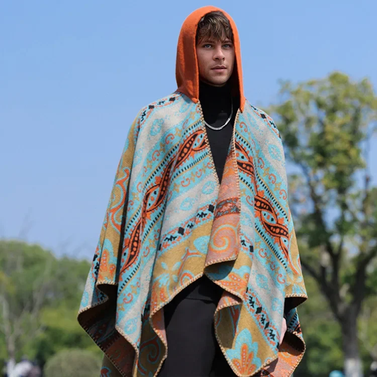 

Мужская осенне-зимняя теплая толстая богемная шаль с бахромой, накидка с фотографией, плащ, шарф двойного назначения, дорожное пончо с капюшоном P2