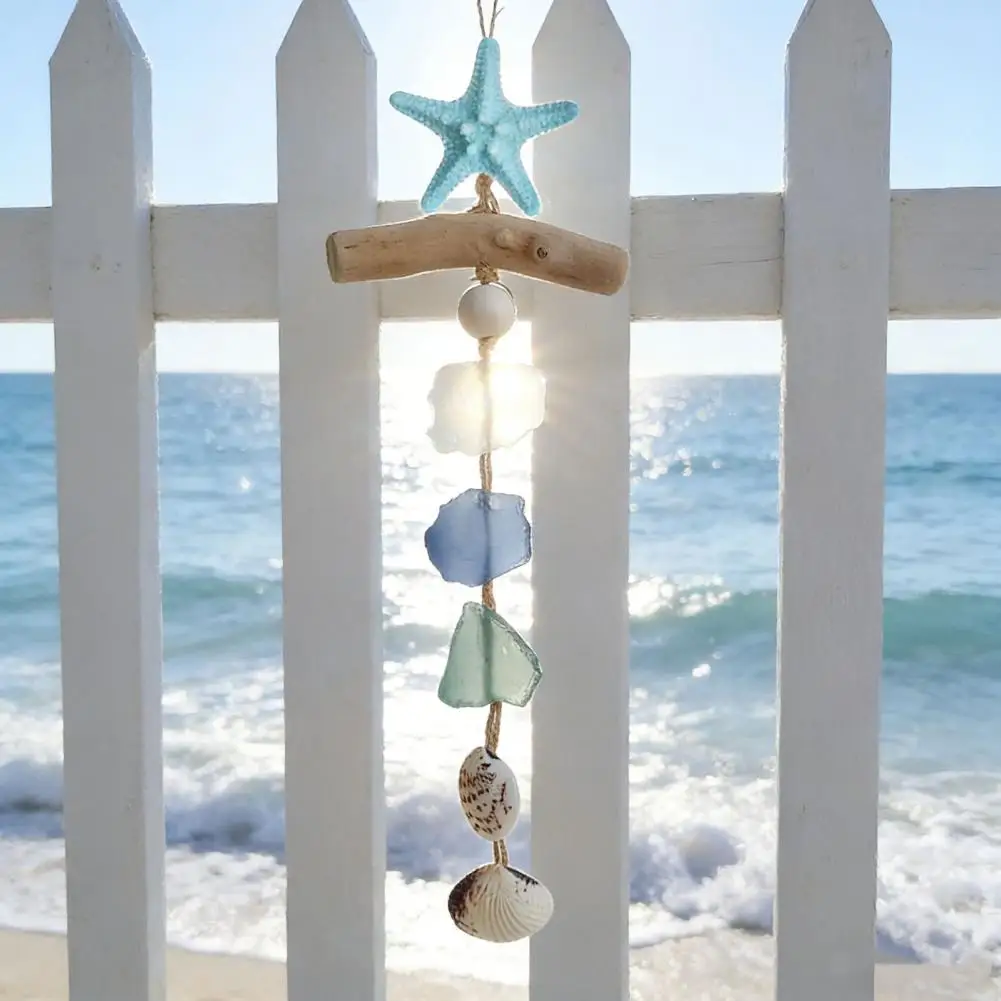 Shell Starfish Decoration Handcrafted Sea Glass Nautical Wall Decor Coastal Starfish Shells Bathroom Hanging Art Driftwood Beach
